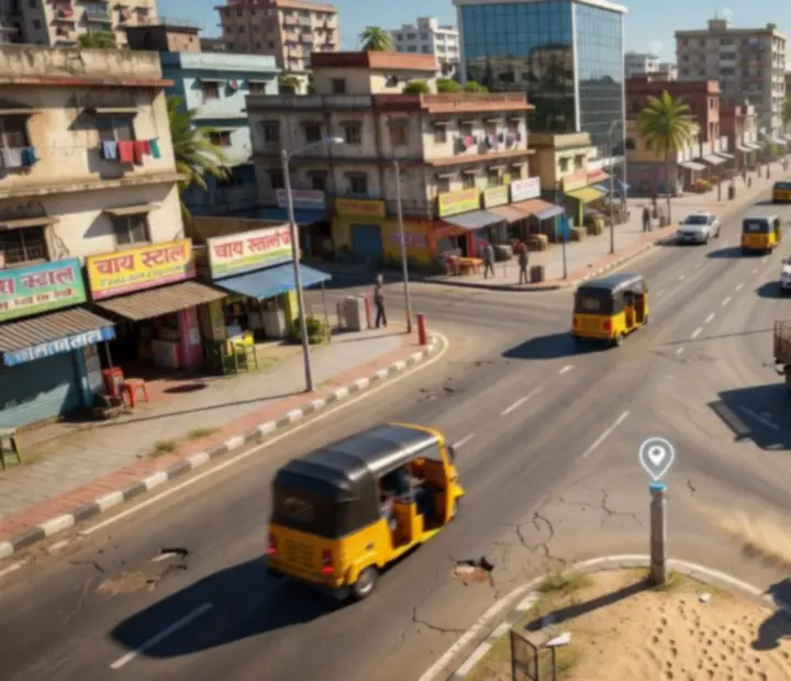 Carte stylisée d'une ville côtière en 3D illustrant l'exploration dans un jeu mobile