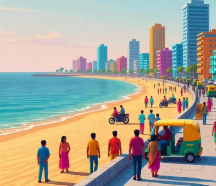 Vue d’une zone urbaine côtière à explorer dans Indian Bikes Driving 3D