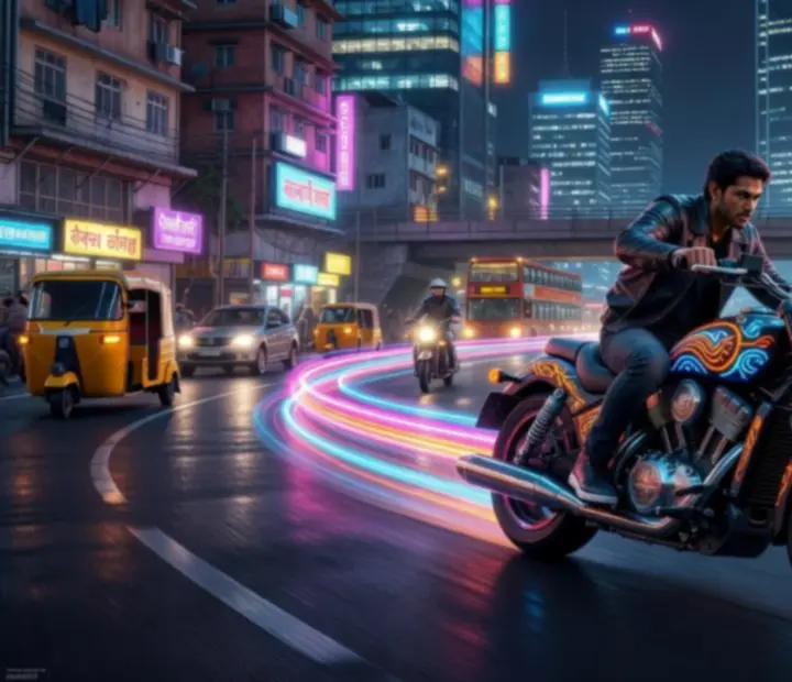 Sc&egrave;ne d’action urbaine avec v&eacute;hicules dans Indian Bikes Driving 3D.