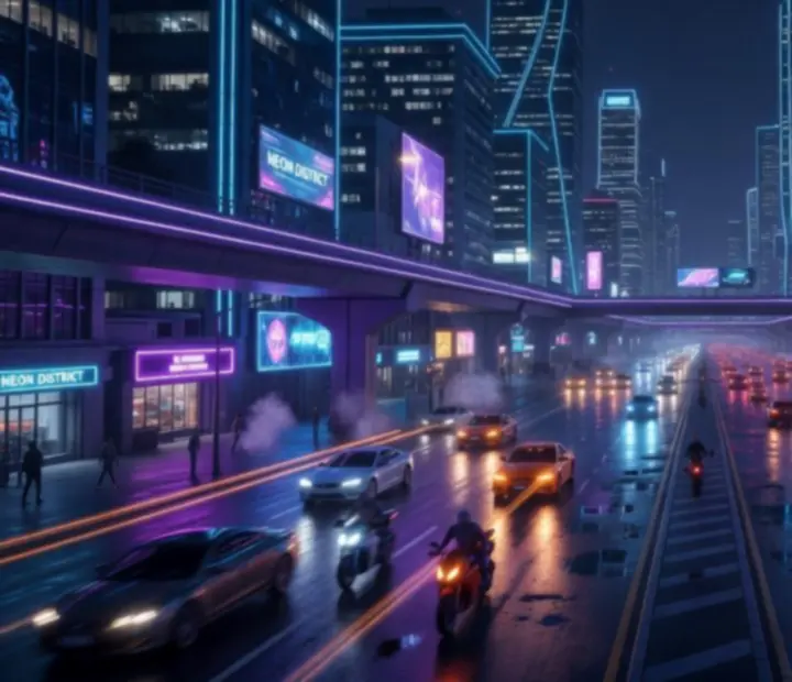 Vue cin&eacute;matique de la ville ouverte d’Indian Bikes Driving 3D avec motos et voitures.