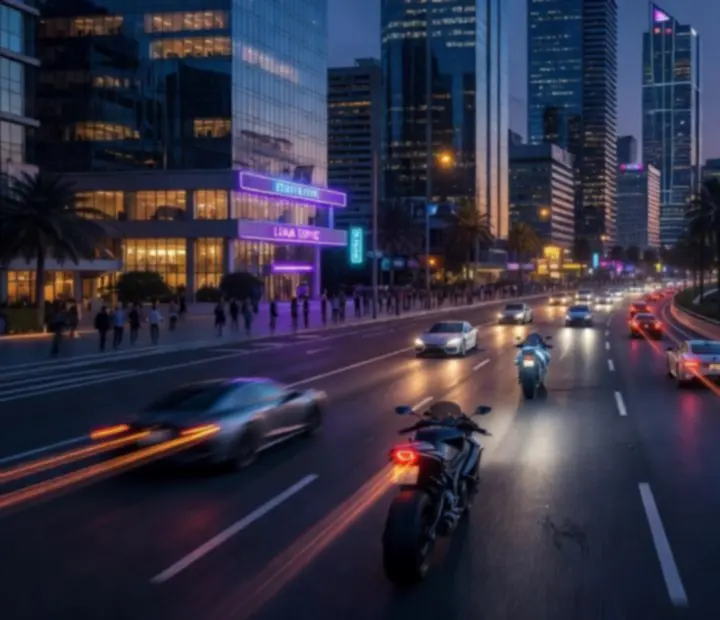 Vue cinématographique de la ville côtière et des motos dans Indian Bikes Driving 3D