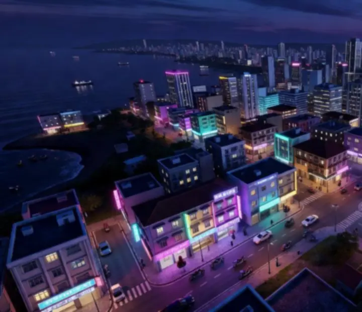 Vue nocturne d'une grande ville urbaine évoquant l'ambiance d'Indian Bikes Driving 3D