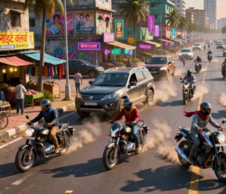 Motos et véhicules circulant dans une grande ville côtière dans Indian Bikes Driving 3D